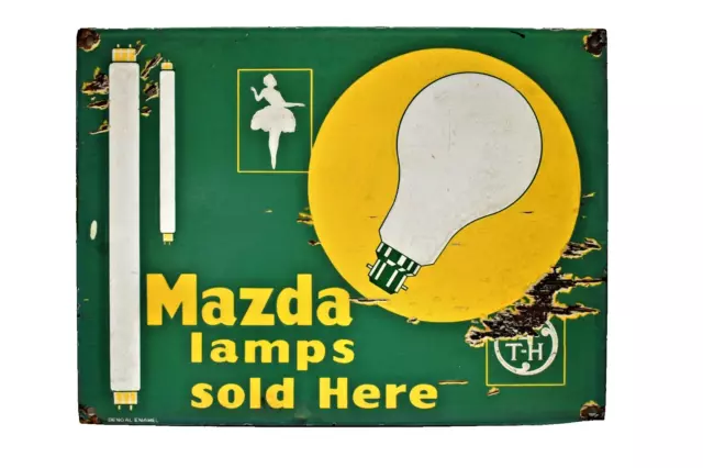Vintage Mazda Lamps Tube light Signe Bord Porcelaine Émail Publicité 40.6X30.5cm