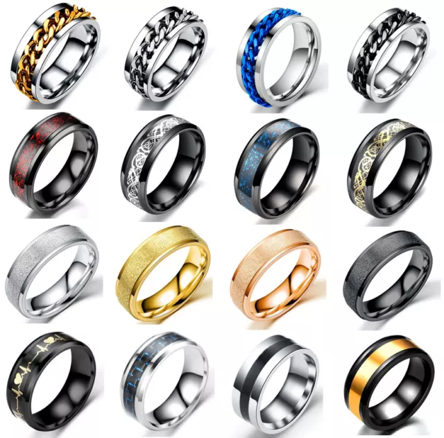 Men Fashion Punk Ring Black Silver Gold Blue Titanium Steel Band Collections