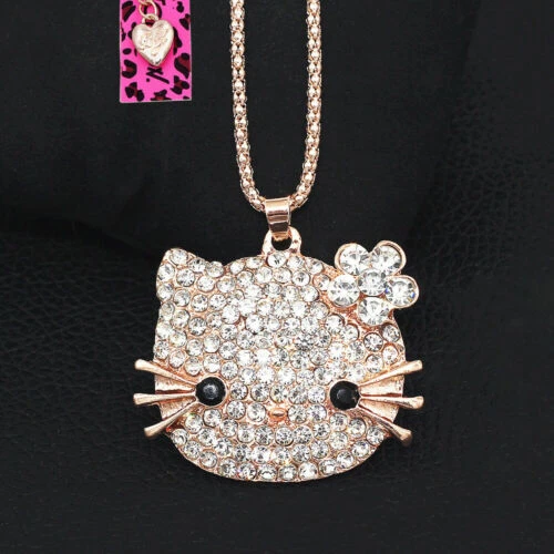 Betsey Johnson Crystal Rhinestone Cute Cat Kitten Pendant Sweater Chain Necklace