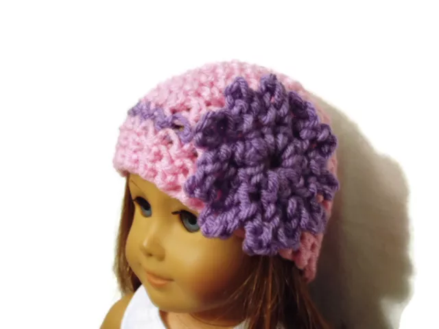 Crochet Hat Fits American Girl Dolls 18" Doll Clothes Pink w/ Purple Flower