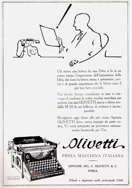 Pubb.1928 Olivetti M. 20 Macchina Da Scrivere Typewriter Ditta Scrittura Ivrea