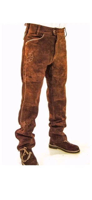 *Neu*Herren Trachten Lederhose Lang Rinds Velourleder Stickerei Hell-Braun Gr.50