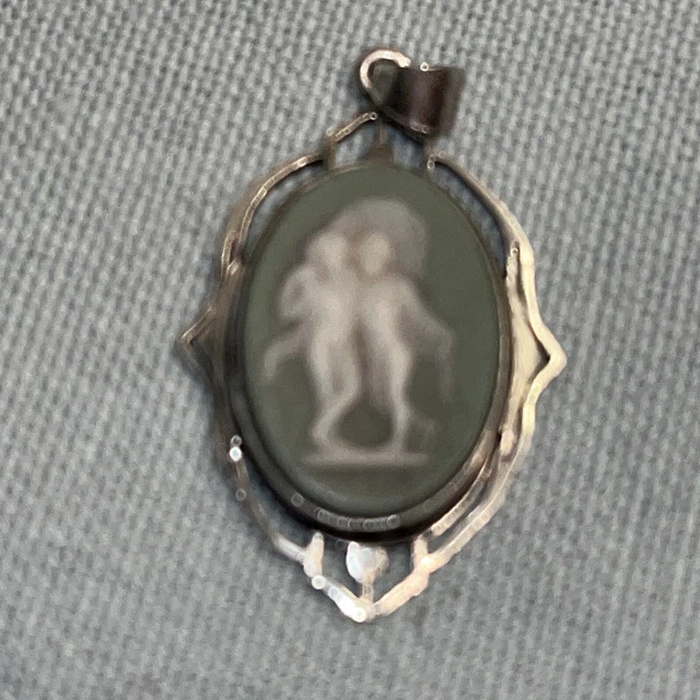 STERLING SIGNED WEDGWOOD Made in England Green Jasperware Cameo Pendant