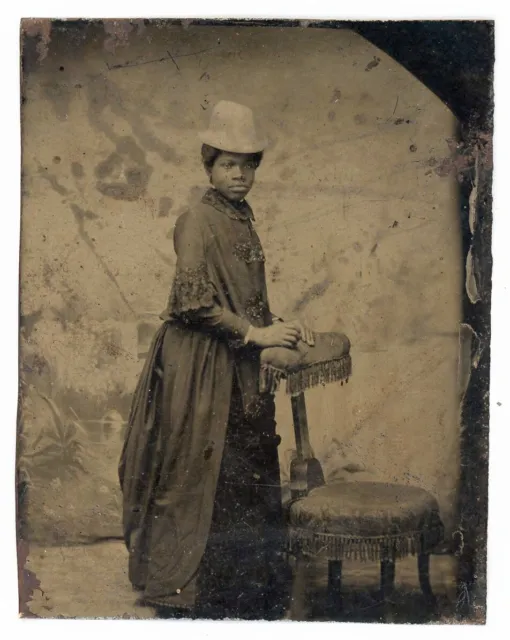 Young African American Black Woman Fashionable White Vintage Hat Tintype Photo