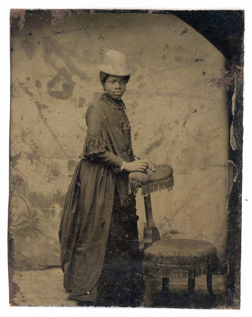 Young African American Black Woman Fashionable White Vintage Hat Tintype Photo Young African American Black Woman Fashionable White Vintage Hat Tintype Photo