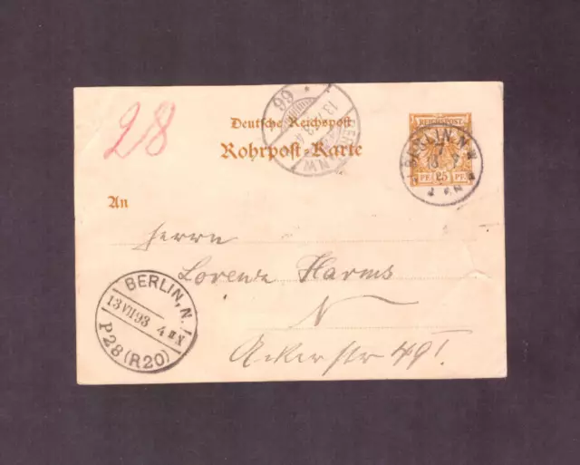 Deutsches Reich 1875-1899 Rohrpostkarte Stempel Berlin aus 1893 echt gelaufen