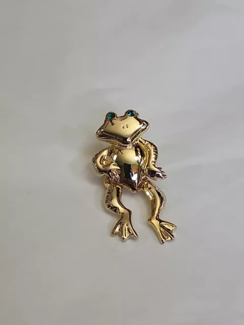 Dancing Frog Lapel Pin Movable Dangling Legs Gold Colored with Green Eyes