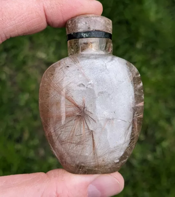 Chinese Antique Carved Hair Crystal Rutile Quartz Snuff bottle & cover Qing