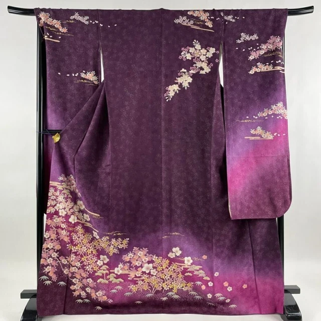 Woman Japanese Kimono Furisode Silk CherryBlossom Silver Thread DarkPurple 172cm