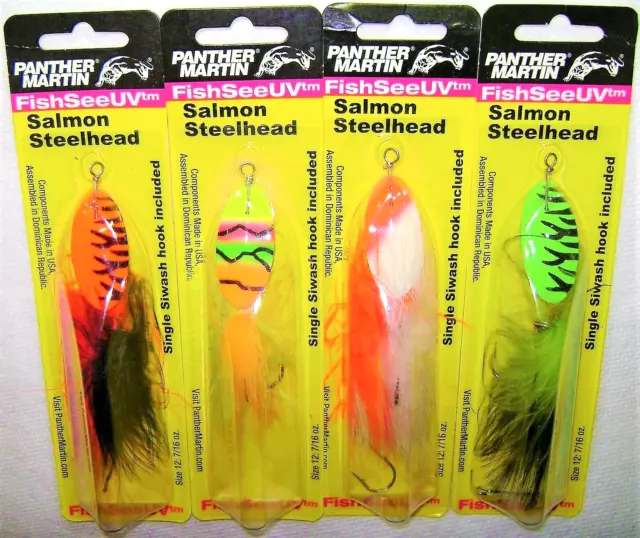 4 PANTHER MARTIN FishSeeUV SPINNERS LURES SALMON STEELHEAD MARABOU 7/16 OZ. #12
