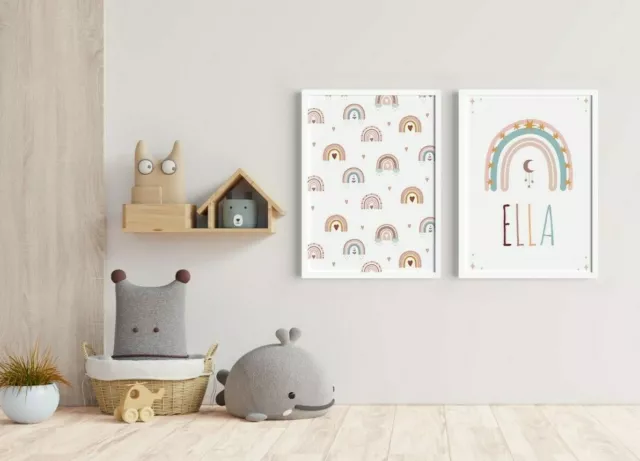 Ensemble de 2 imprimés personnalisés arc-en-ciel enfants chambre à coucher Scandi décoration chambre 2