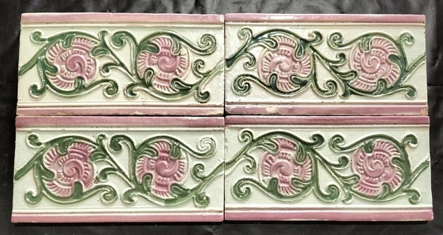 Antique Glazed porcelain Majolica 4 tile 3"x 6" Art & craft Border frame display