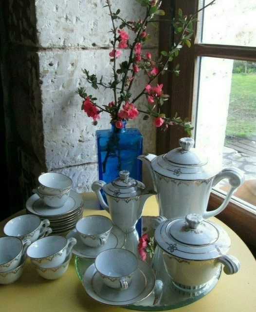 3 Tasses à Thé Limoges Porcelaine – Années 30, Art Déco, Bleu Rayé, Fait Main