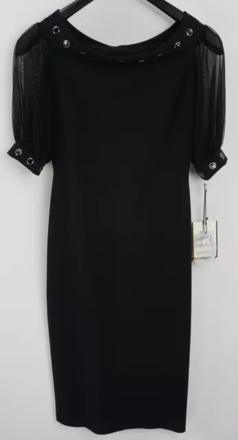 New Chiara Boni Womens 42 Sheer Short Sleeve Black Tulle Rhinestone Pencil Dress