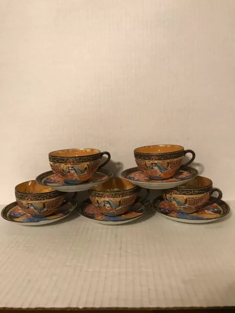 Vintage Set Of Five Hand Painted T T Japan Satsuma Moriage Cups And Saucers