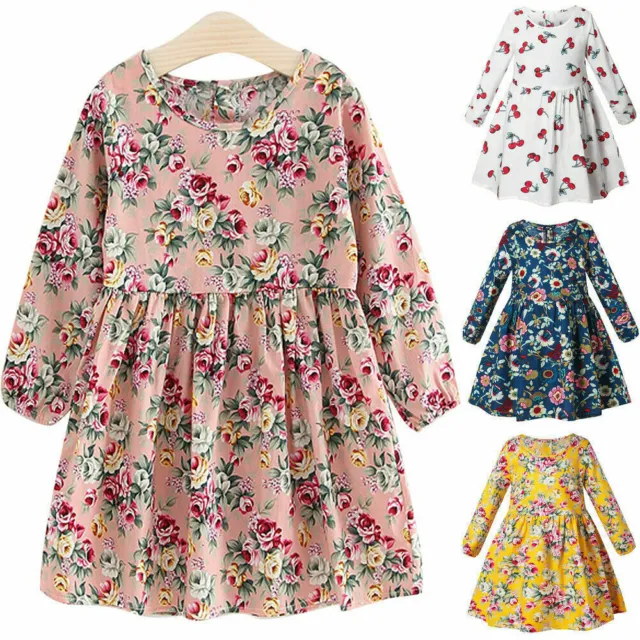 Kids Baby Girls Floral Print Long Sleeve Dress Toddler Casual Swing Dresses