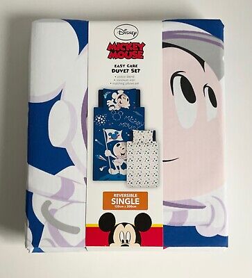 Juego De Funda Edredón De Cama Individual Disney Mickey Mouse Espacial Astronauta Reversible *Nuevo*
