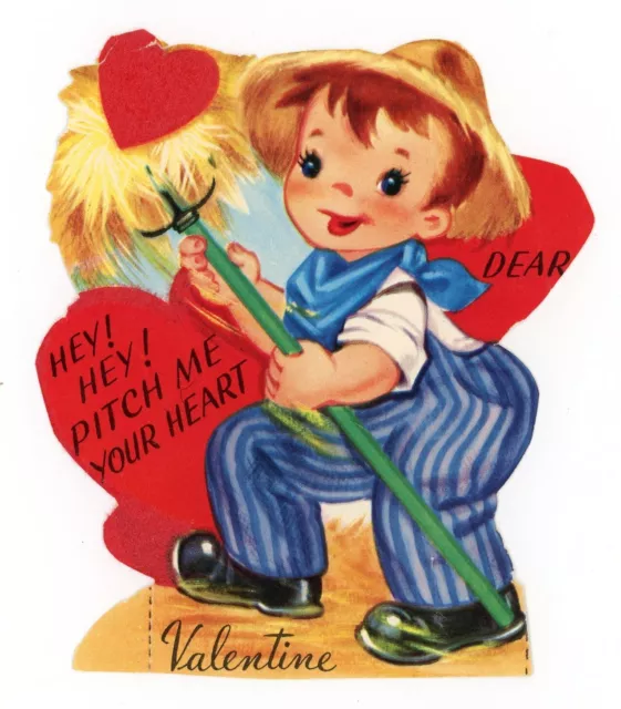 Vtg Valentine Card Boy Coveralls “Hey! Hey! Pitch Me Your Heart Dear Valentine!”