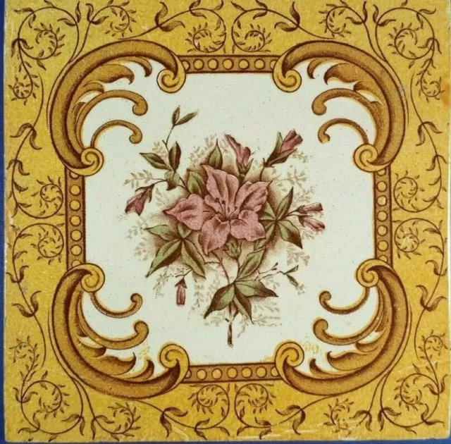 Original Vintage Victorian Ceramic Tile Light Pink Flower Design - 6" Square
