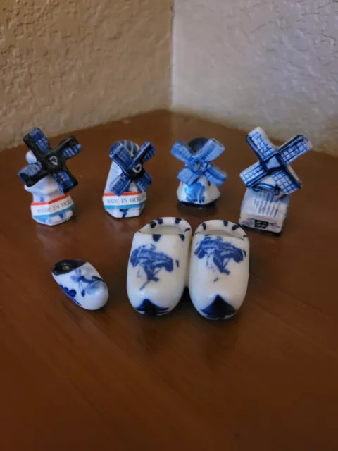 Vtg Delft Blue Holland Windmill Shoe Clog Lot Miniatures Set Of 6