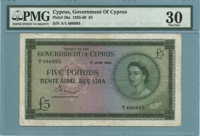 Cyprus 5 Pounds - 1.6.1955 - P#36a - Banknote - PMG 30