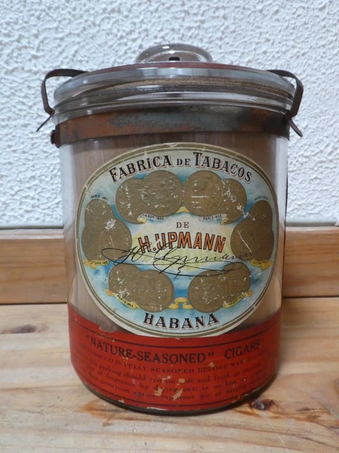 Ancien Pot A Cigares Upmann Cuba Annees 30 Verre, Bois Et Metal