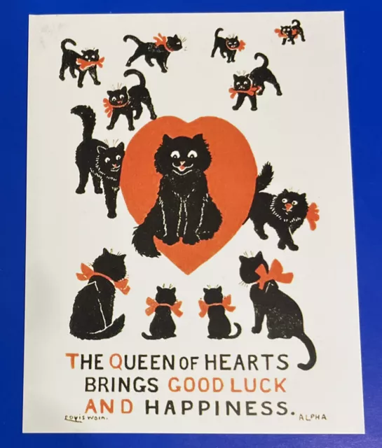 LOUIS WAIN BLACK CAT QUEEN HEARTS VALENTINE REPRODUCTION POSTCARD 4 1/4"x5.5”