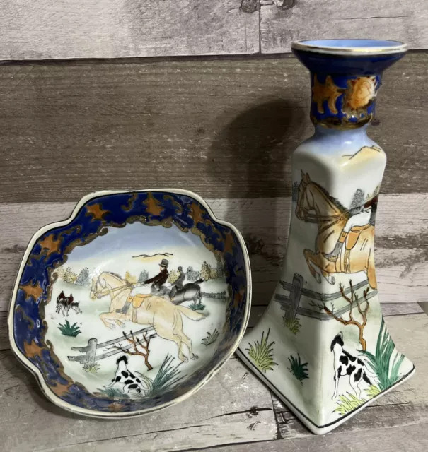 Asian Horse Fox Hunt Scene Bowl & Candleholder Cobalt Blue and Gold Trim