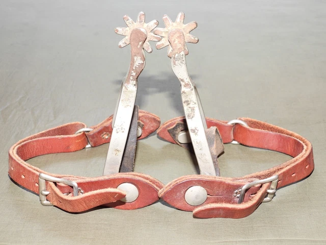 Vtg 1940s OLD WEST COWBOY KID'S CROCKETT ALUMINUM BOOT SPURS W/ LEATHER STRAPS