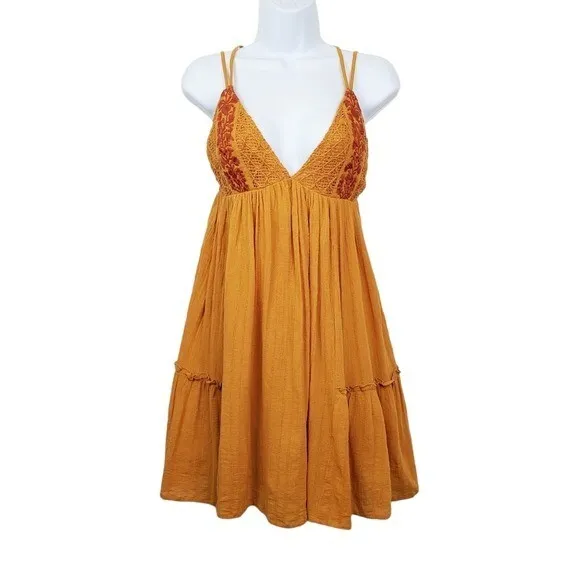 L*Space Eliana Ochre Yellow Embroidered Babydoll Mini Dress Size S NWT