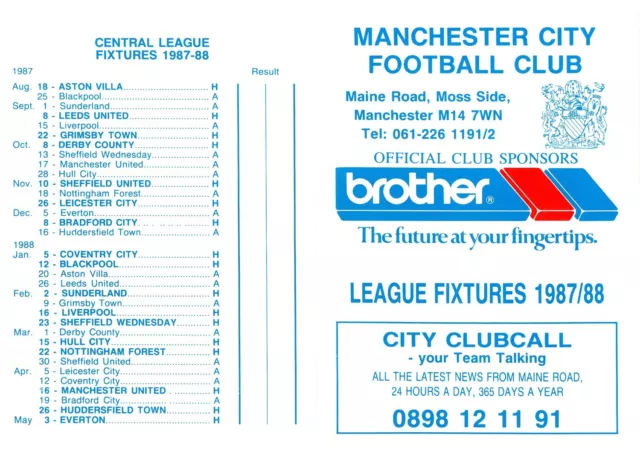 Manchester City 1987-88 Fixture card