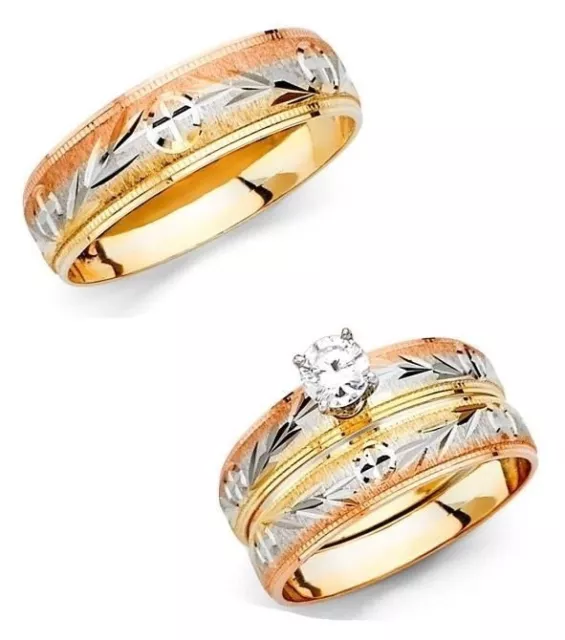 14k Tri Color Gold Leaves Trio Wedding Band Bridal Solitaire Engagement Ring Set