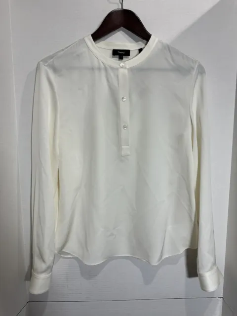 NWT Theory LS Henley BL Blouse In Ivory Modern GGT Silk N0102512 Sz S $325