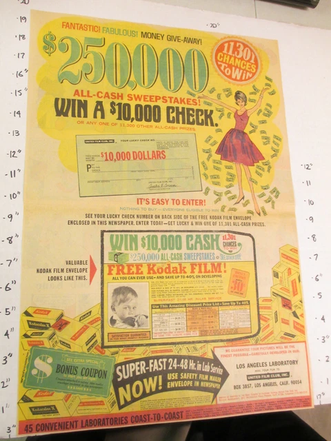 Anuncio de periódico 1966 cámara KODAK $250.000 sorteo United Film Club chica R