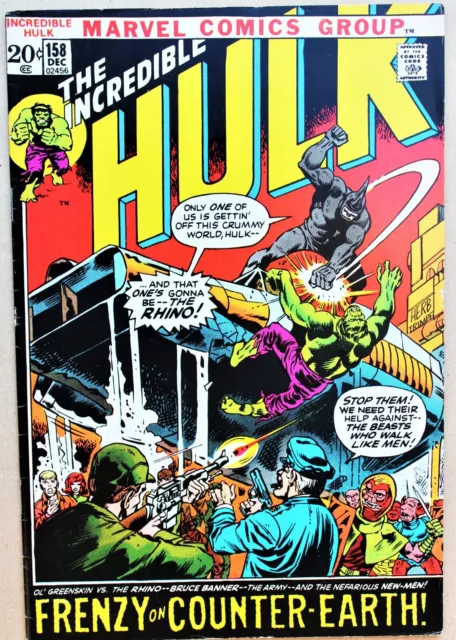 Incredible HULK (vs The RHINO) 158 a vfn+ 1972 Bronze Age Marvel + 1 FREE COMIC