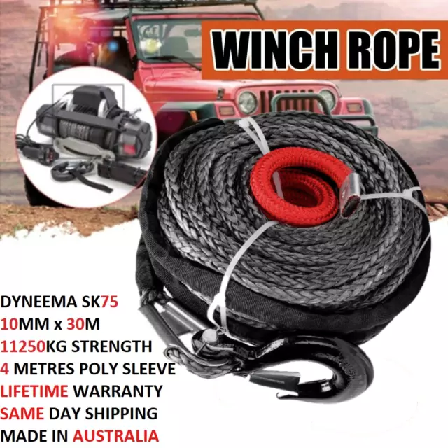 Winch Rope 10mm x 30m Synthetic Dyneema SK75 Hook Tow Hook Recovery Cable 4WD
