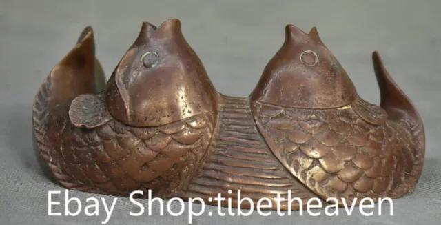 5.2" Old China Copper Dynasty Palace Double Fish Lucky Pen Rack Penholder