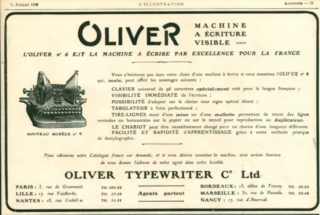 Publicité ancienne Oliver machine à écrire 1908 issue de magazine