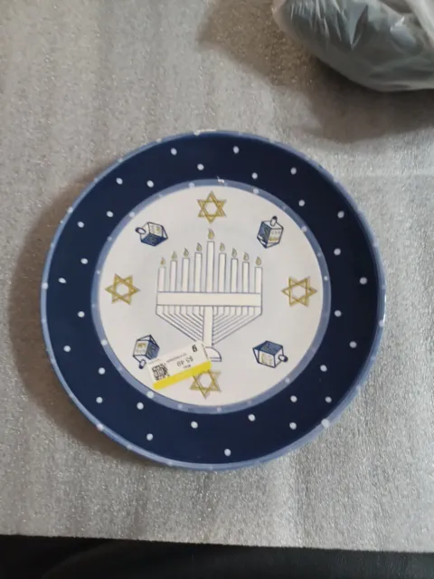 Vintage Judaica Jewish Hanukkah Plate Hebrew Menorah Dreidel Judaism Israel