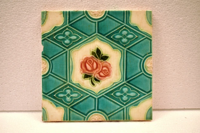 Antique Tile Japan Majolica Art Nouveau Porcelain Floral Rose Geometric Rare"J67