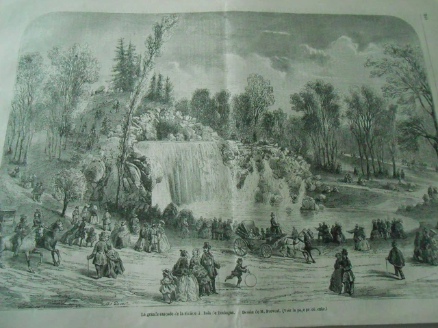 Gravure 1856 - La grande cascade de la rivière au Bois de Boulogne Paris