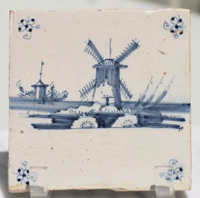 ANTIQUE DELFT BLUE WHITE 18th CENTURY DUTCH HOLLAND TILE WINDMILL SAILBOATS