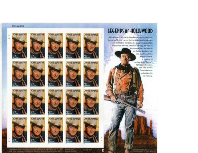 SCOTT #3876 – 2004 37c Legends of Hollywood: John Wayne - 20 STAMP SHEET