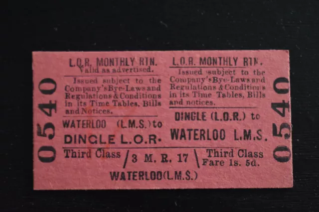 Liverpool Overhead Railway Ticket LOR DINGLE to WATERLOO No 0540 MONTHLY RETURN