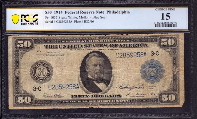 1914 $50 Federal Reserve Note Philadelphia Fr.1035 White Mellon Pcgs Choice F 15 1914 $50 Federal Reserve Note Philadelphia Fr.1035 White Mellon Pcgs Choice F 15