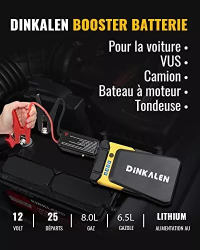 DINKALEN Booster Batterie Voiture 12800mAh 1500A Portable Booster de  Batterie Moto (Jusqu’à 6.0L Essence/5.0L Diesel) avec Écran LCD Pinces de  Sûreté
