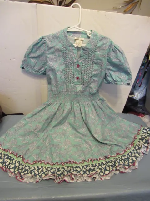 (R) Girls Size 10 Matilda Jane Smocked Floral Design Aqua Dress Button accent