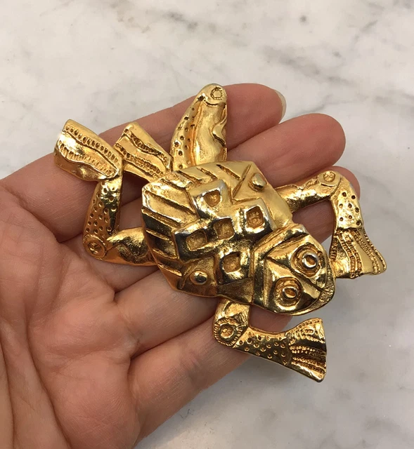 Grande Broche Vintage Céline T Saxe Paris - Métal Doré, Motif Végétal, Référence DN3640 - Occasion En Bon état