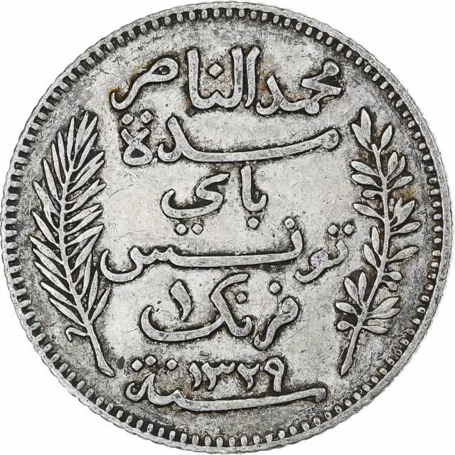 [#349058] Tunisia, Muhammad V, Franc, AH 1329/1911, Paris, EF, Silver, KM:238