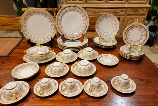 Antique JP Limoges Pink Rose Gold Dinner Plate Tea Cup And Saucer Tureen Set 39p